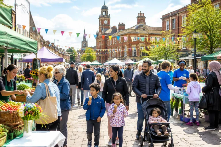 Illustrative community gathering in a town centre