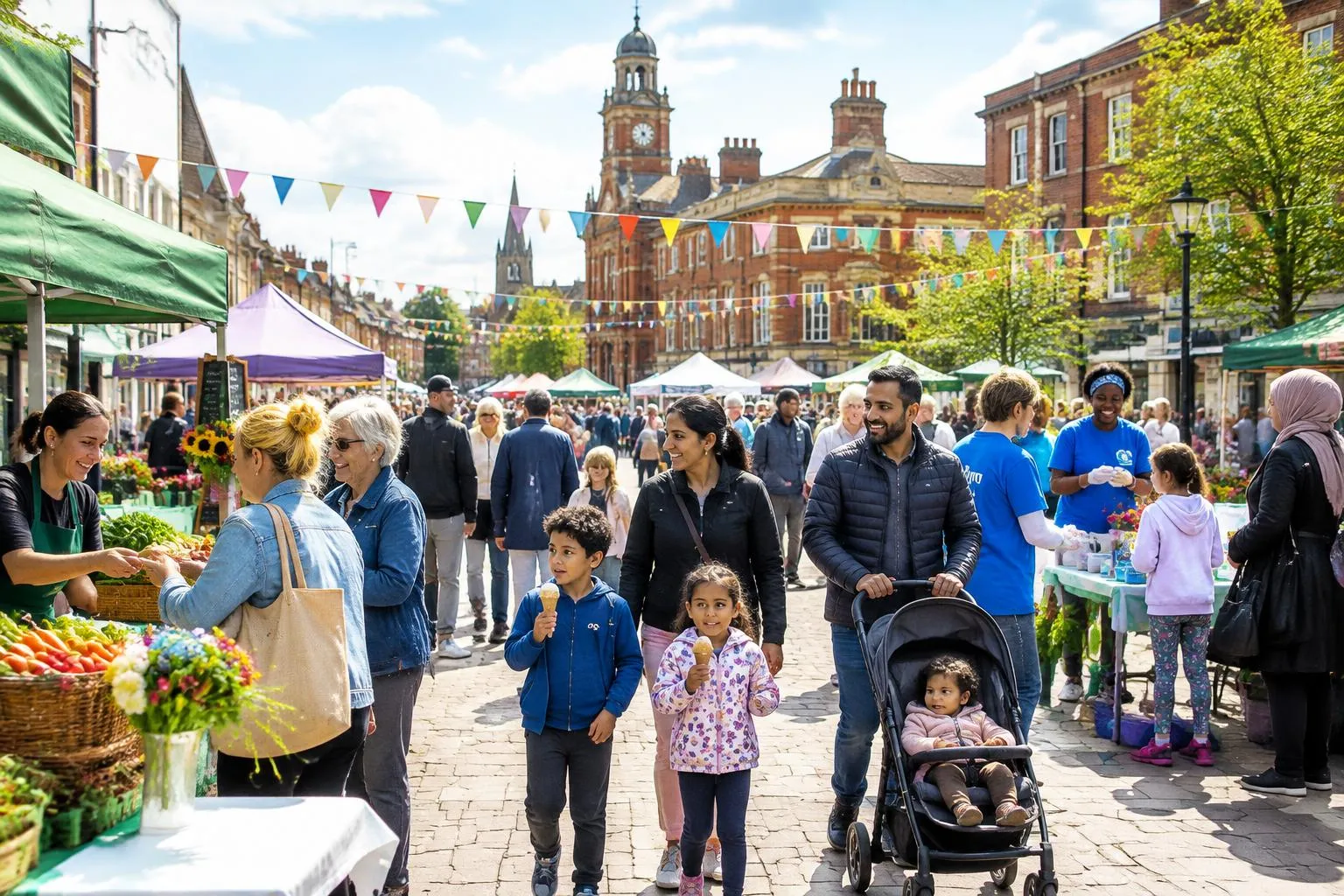 Illustrative community gathering in a town centre
